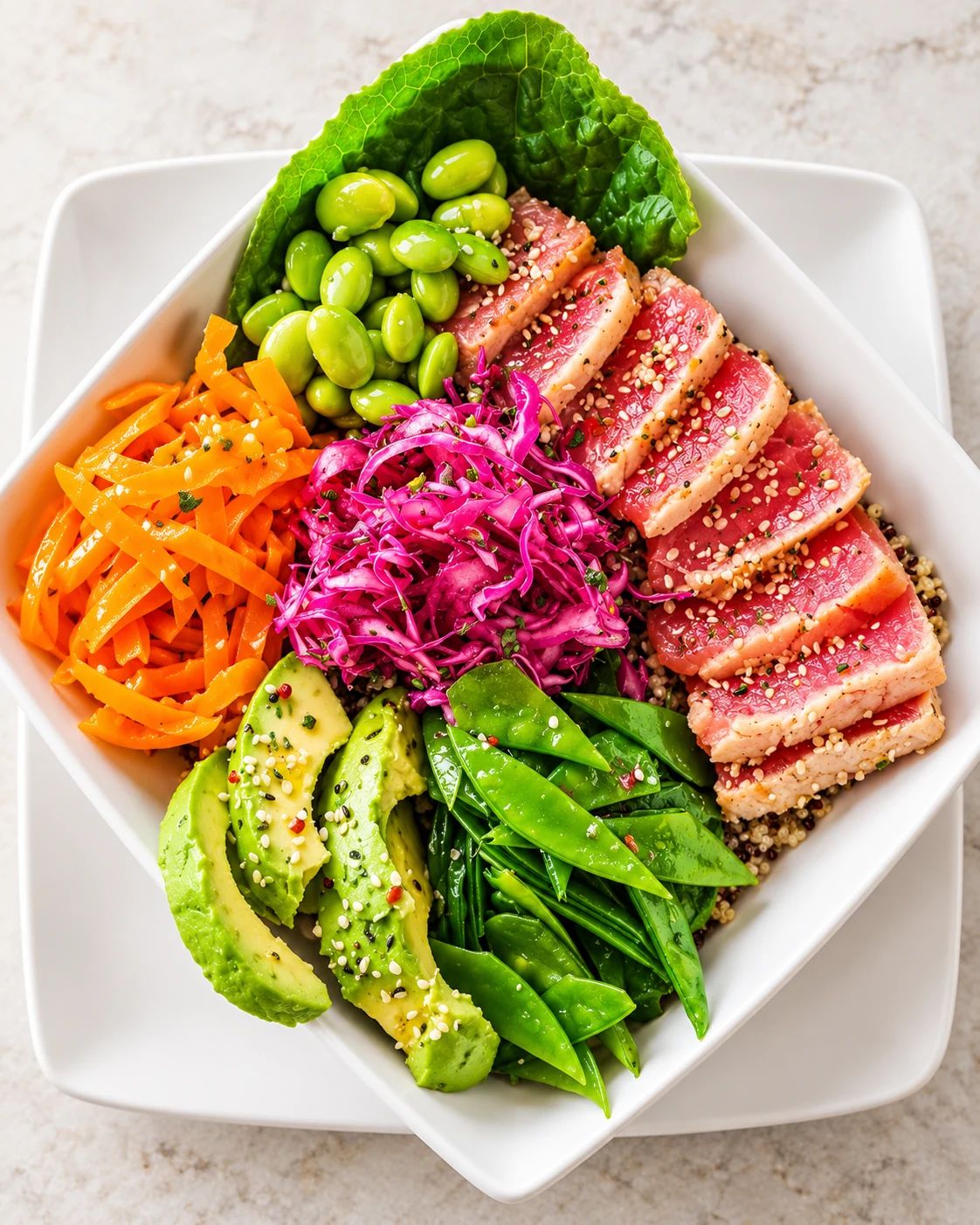 Bowl con láminas de atún sellado, aguacate, edamame, zanahoria rallada y col morada