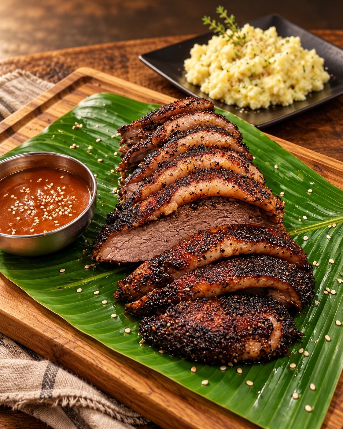 Carne asada en rebanadas sobre hoja de plátano, con un recipiente de salsa