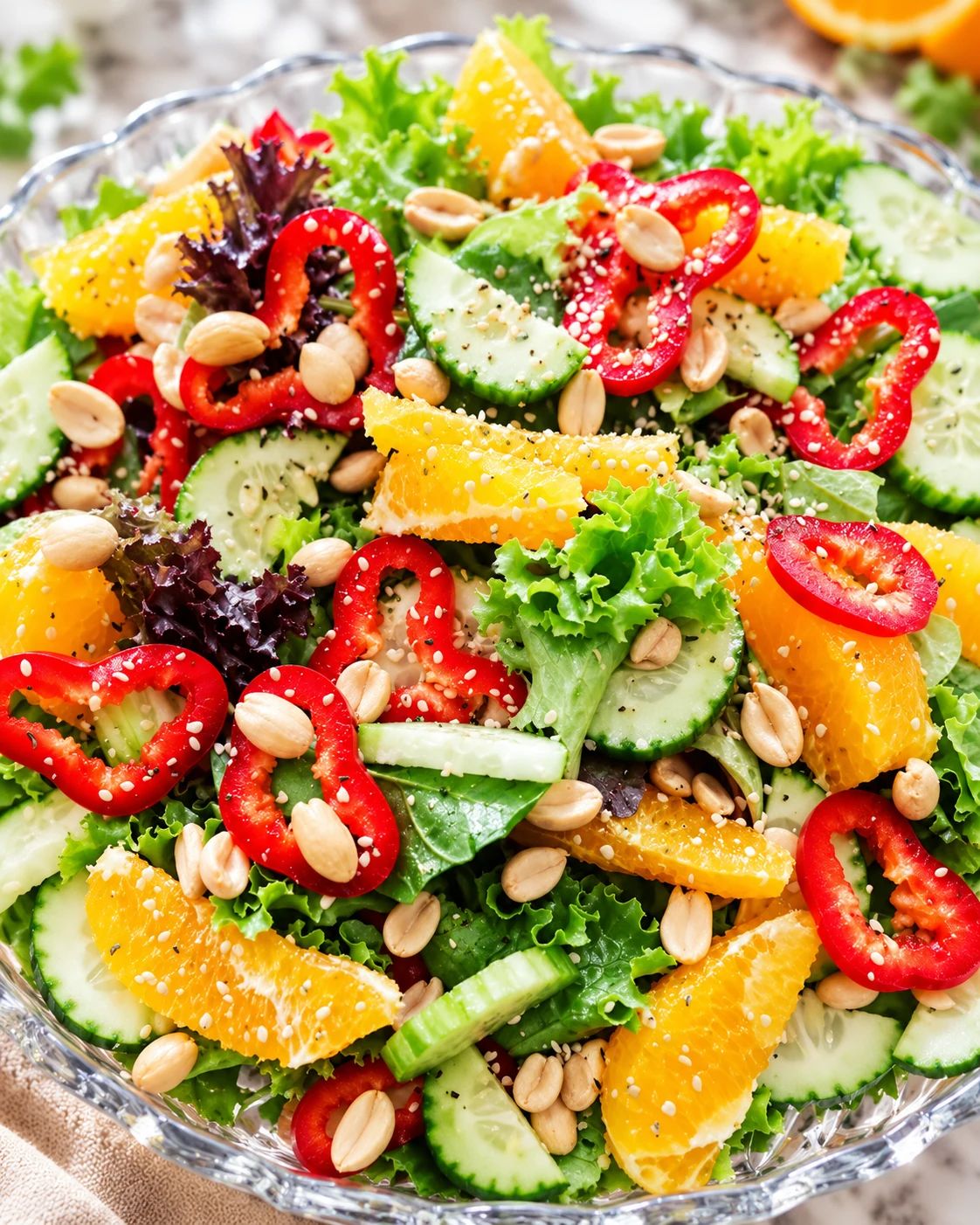 Ensalada de hojas verdes con pepino, pimiento rojo, gajos de naranja y cacahuates