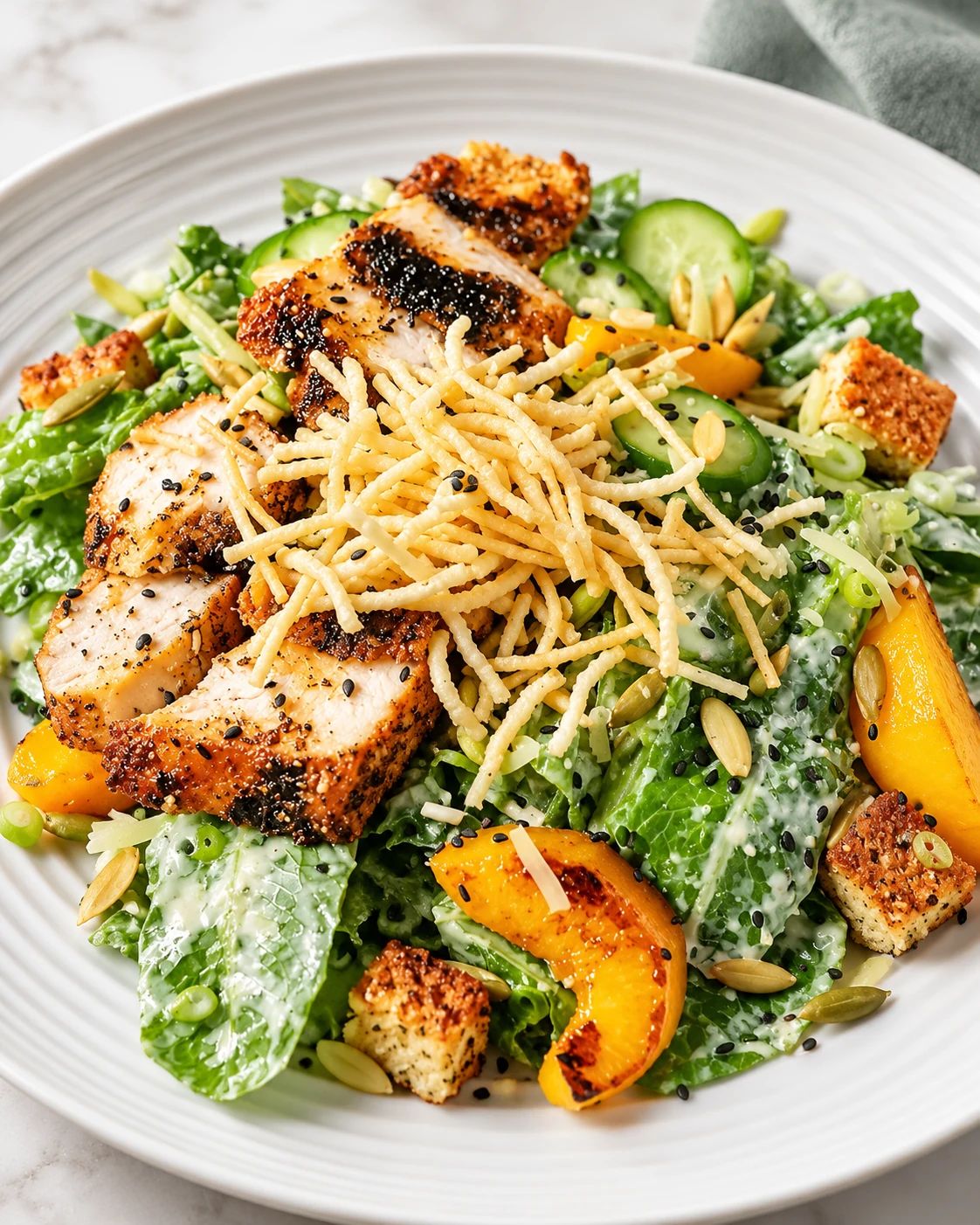 Ensalada de pollo a la parrilla con hojas verdes, crutones, queso rallado y aderezo cremoso