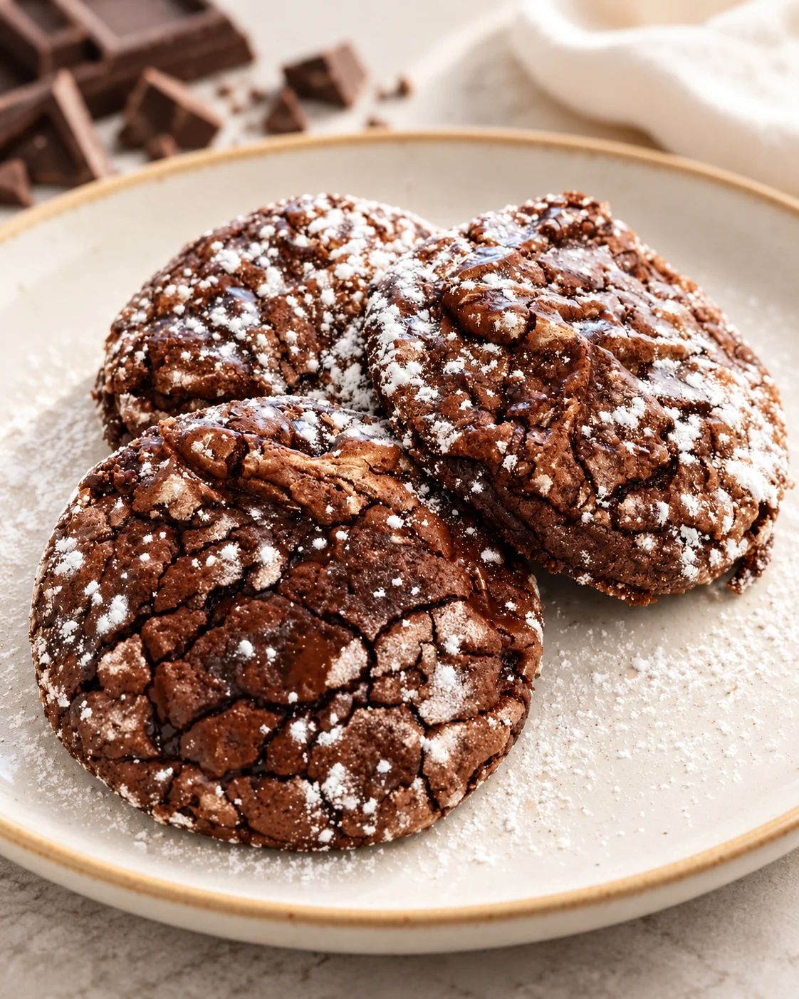 Galletas de chocolate craqueladas espolvoreadas con azúcar glas