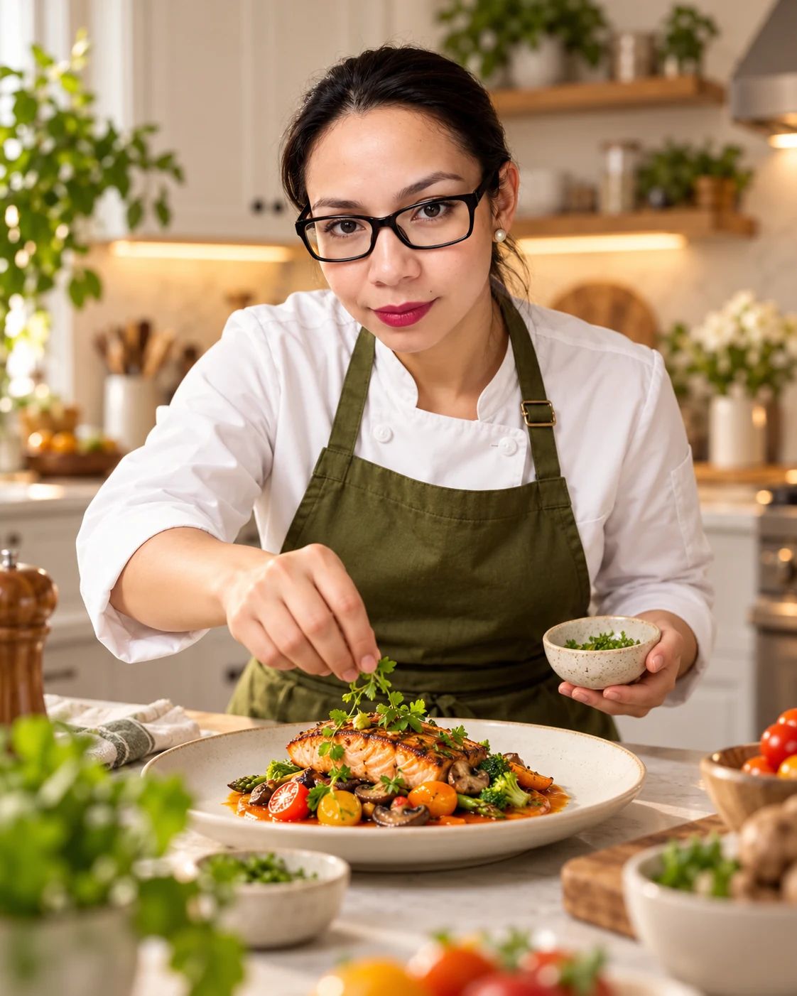 Josefa Huit Tepen espolvorea hierbas frescas sobre un plato de salmón con verduras en una cocina