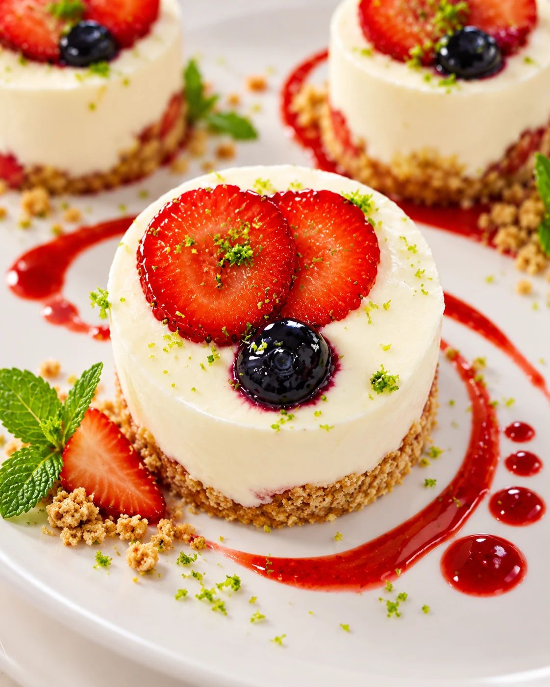 Mini cheesecake sobre base de galleta decorado con fresas y un arándano