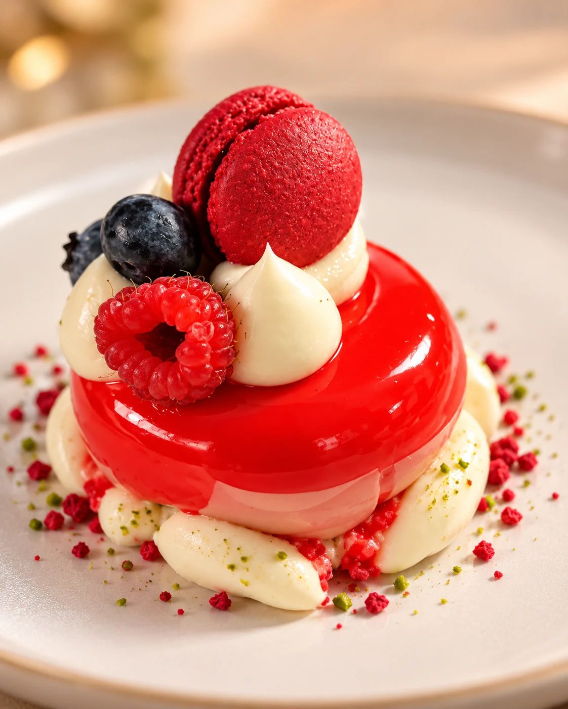 Postre individual con glaseado rojo brillante, crema, un macaron y frutos rojos