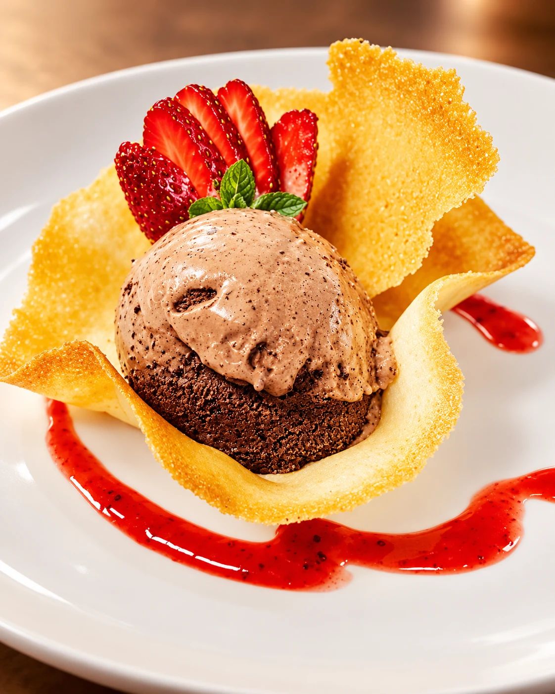 Helado de chocolate en canasta crujiente con fresas y salsa de frutos rojos