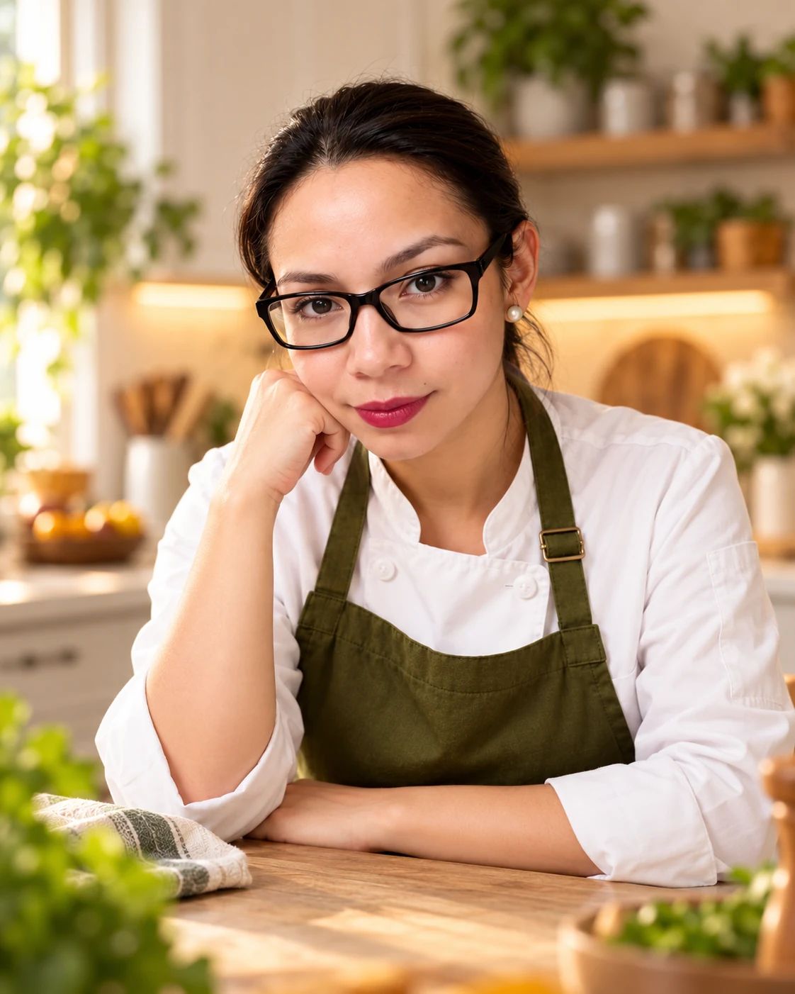 Retrato de Josefa Huit Tepen con uniforme blanco y delantal verde oliva en una cocina