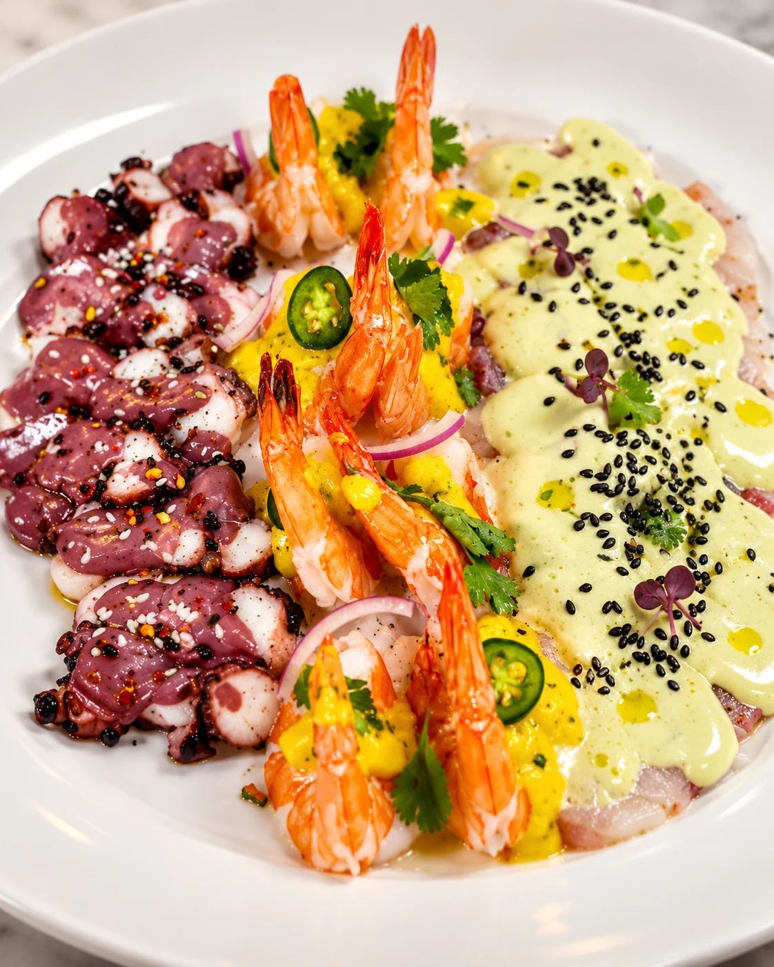 Plato de mariscos con camarones, pulpo y salsas decorado con semillas de sésamo